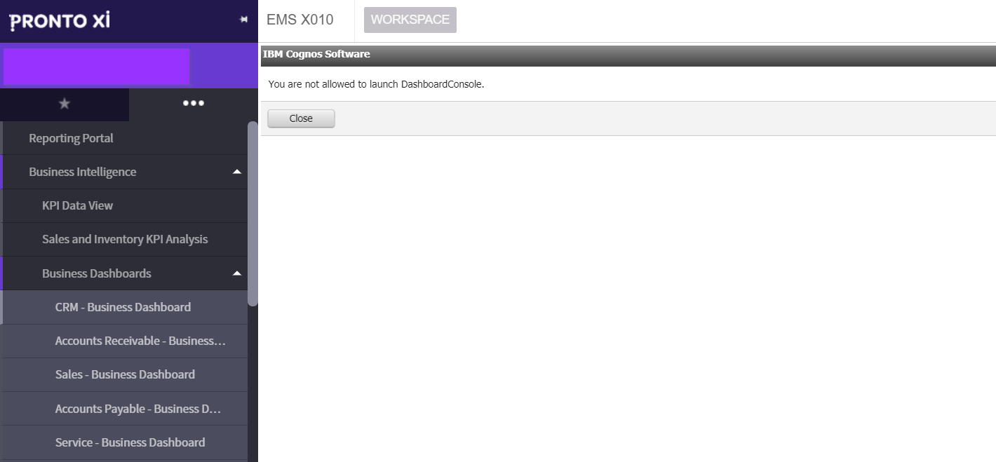 IBM Cognos Dashboard built into Pronto Xi ERP Software