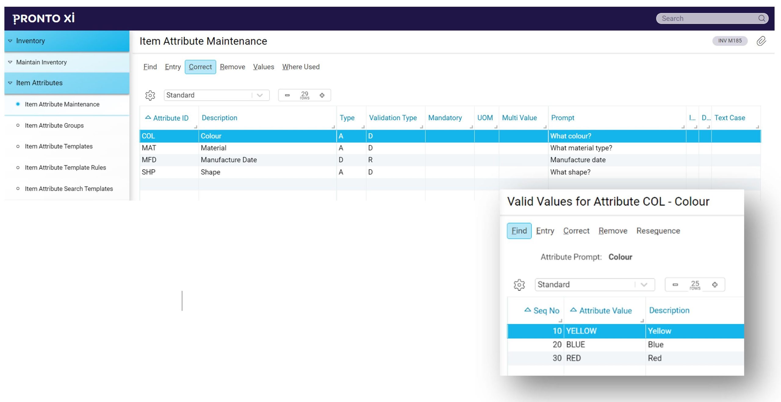 Pronto Xi ERP Software's Item Attribute Maintenance. Set values as search terms against products/item codes.